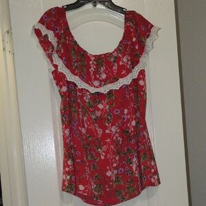 Floral Red Women's Top with Lace Trim
